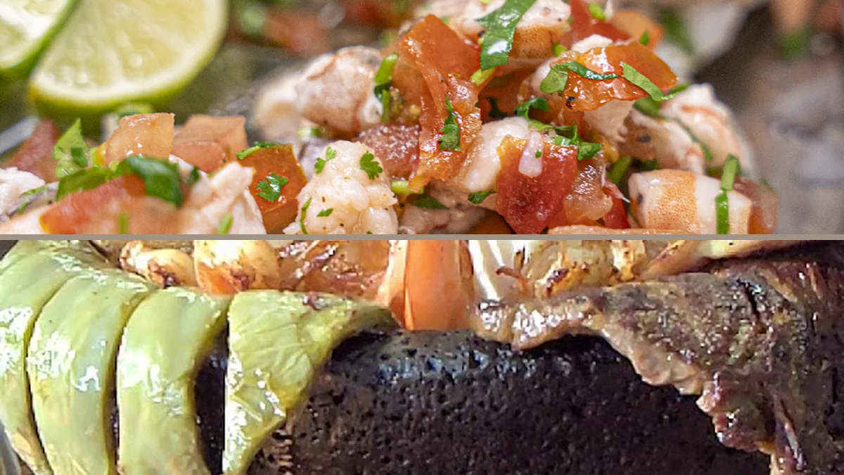 Plates of seafood with bright sauces.