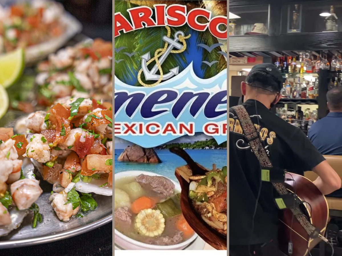 Plates of seafood with bright sauces.