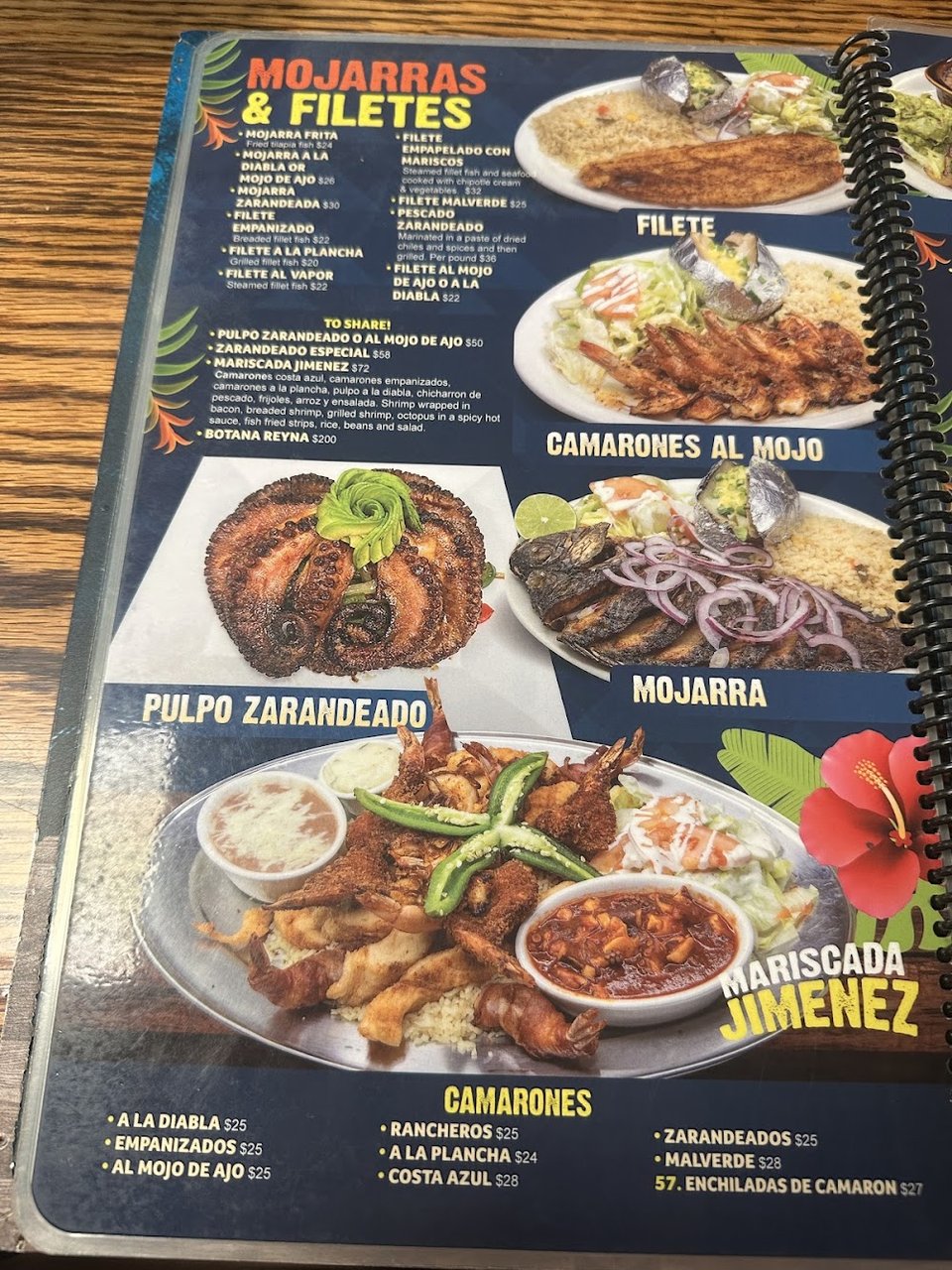 Seafood dishes listed across menu sections.